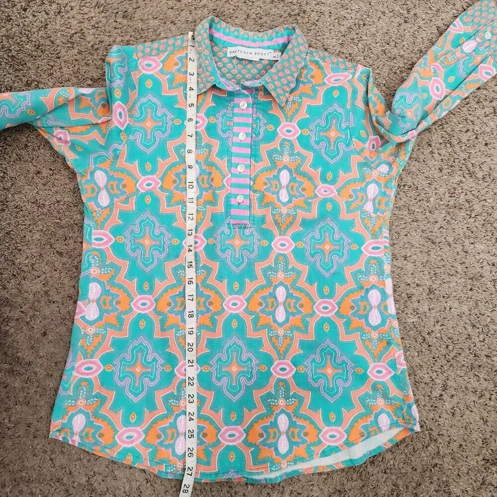 Gretchen Scott Bright Mixed Print Partial Button Front 3/4 Sleeve Popover Top L - Picture 9 of 9